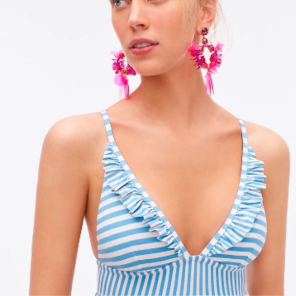 J. Crew | Ruffle | Plunging One-Piece Swimsuit | Light Blue Striped | size 2 - Picture 2 of 8